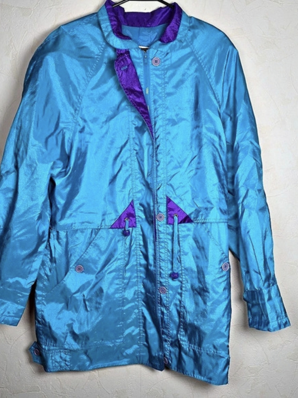 Vintage 90s Purple Blue Colorblock Full Zip & Snap Raincoat Windbreaker TOTES XL